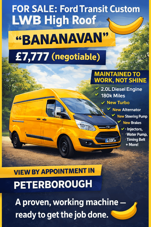 “BANANAVAN” FOR SALE – Ford Transit Custom LWB High Roof – £7,777 🍌 👉 the number of sevens is negotiable 😉