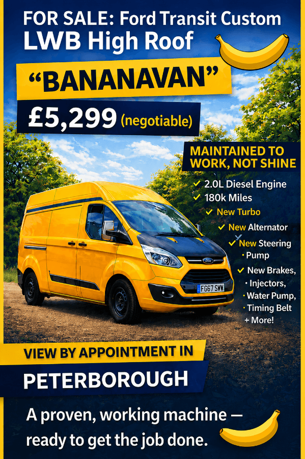 “BANANAVAN” FOR SALE – Ford Transit Custom LWB High Roof – £5,299 🍌 👉 the number of sevens is negotiable 😉